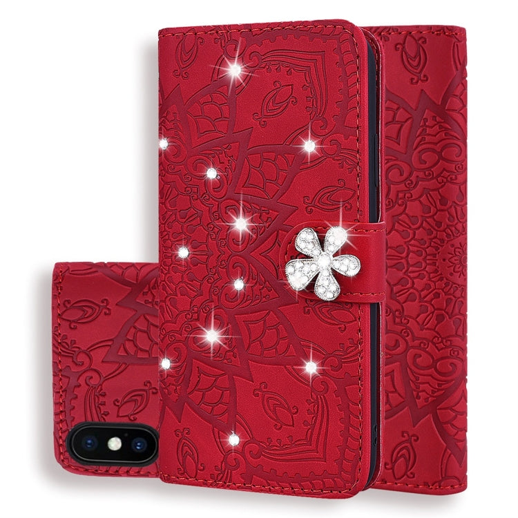 For iPhone X / XS Calf Pattern Diamond Mandala Double Folding Design Embossed Leather Case with Wallet & Holder & Card Slots