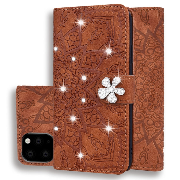 For iPhone 11 Pro Calf Pattern Diamond Mandala Double Folding Design Embossed Leather Case with Wallet & Holder & Card Slots