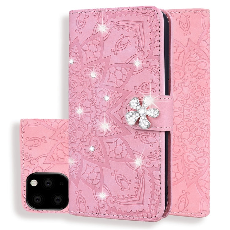 For iPhone 11 Pro Calf Pattern Diamond Mandala Double Folding Design Embossed Leather Case with Wallet & Holder & Card Slots