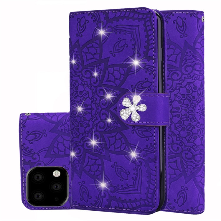 For iPhone 11 Pro Calf Pattern Diamond Mandala Double Folding Design Embossed Leather Case with Wallet & Holder & Card Slots