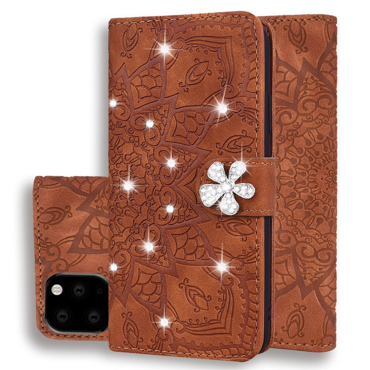 For iPhone 11 Calf Pattern Diamond Mandala Double Folding Design Embossed Leather Case with Wallet & Holder & Card Slots