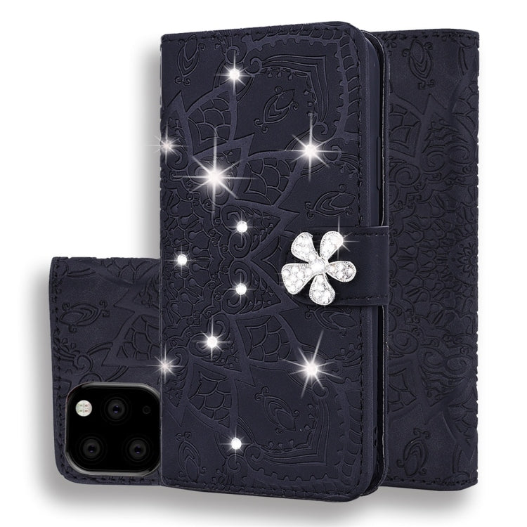 For iPhone 11 Calf Pattern Diamond Mandala Double Folding Design Embossed Leather Case with Wallet & Holder & Card Slots