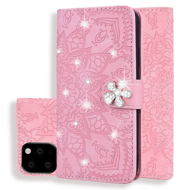 For iPhone 11 Calf Pattern Diamond Mandala Double Folding Design Embossed Leather Case with Wallet & Holder & Card Slots