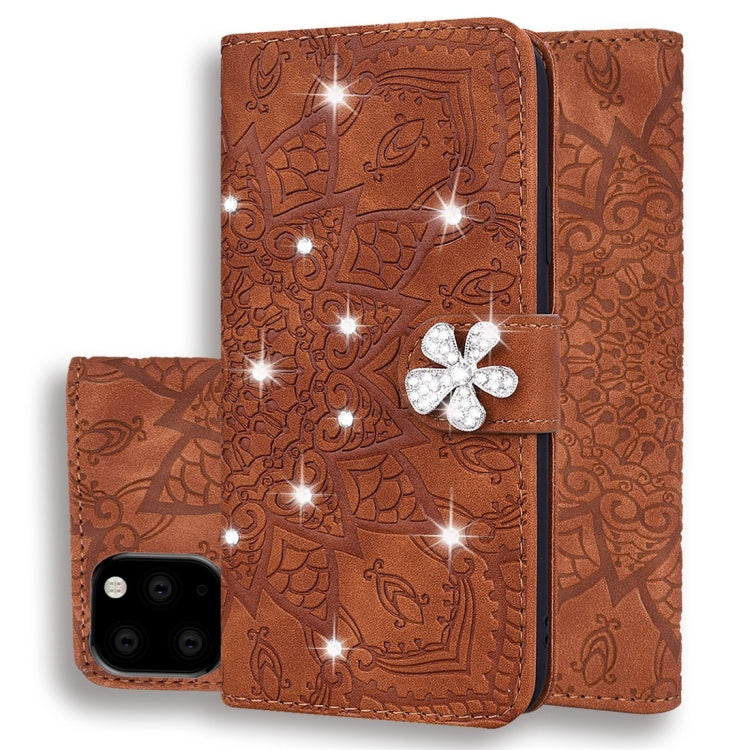 For iPhone 11 Pro Max Calf Pattern Diamond Mandala Double Folding Design Embossed Leather Case with Wallet & Holder & Card Slots