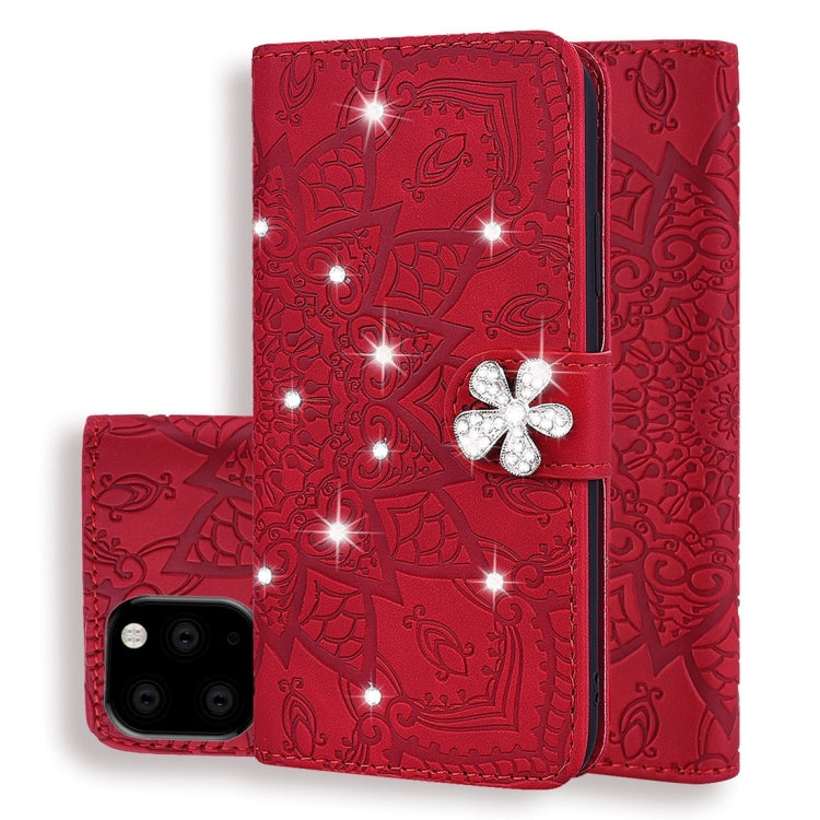 For iPhone 11 Pro Max Calf Pattern Diamond Mandala Double Folding Design Embossed Leather Case with Wallet & Holder & Card Slots