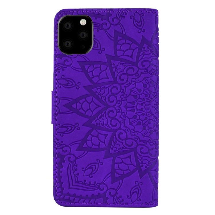 For iPhone 11 Pro Max Calf Pattern Diamond Mandala Double Folding Design Embossed Leather Case with Wallet & Holder & Card Slots