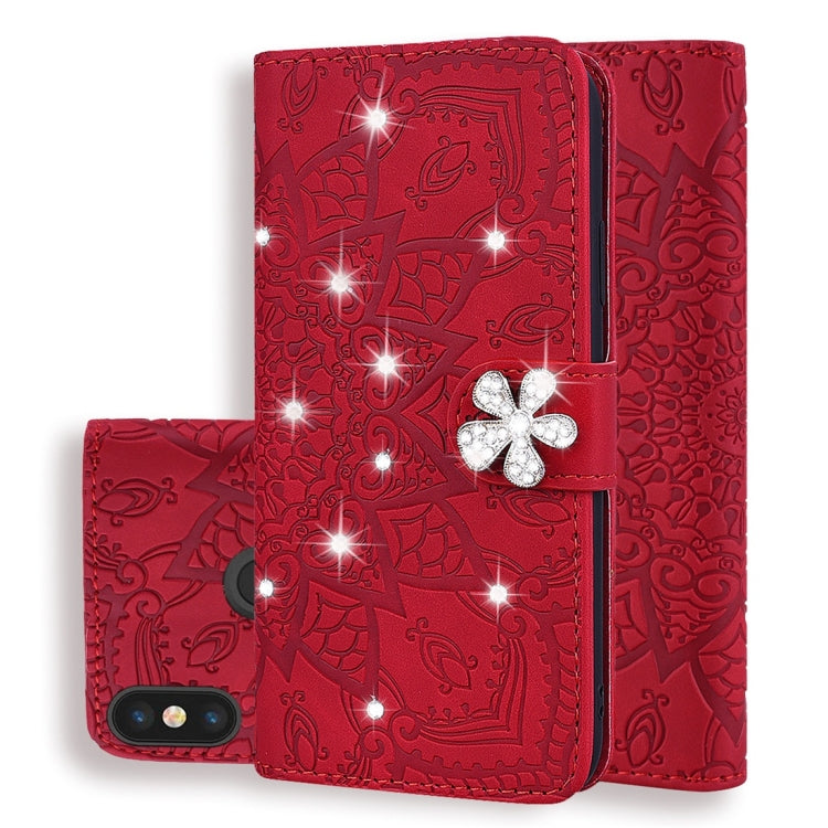 For Xiaomi Redmi 6 Pro Calf Pattern Diamond Mandala Double Folding Design Embossed Leather Case with Wallet & Holder & Card Slots