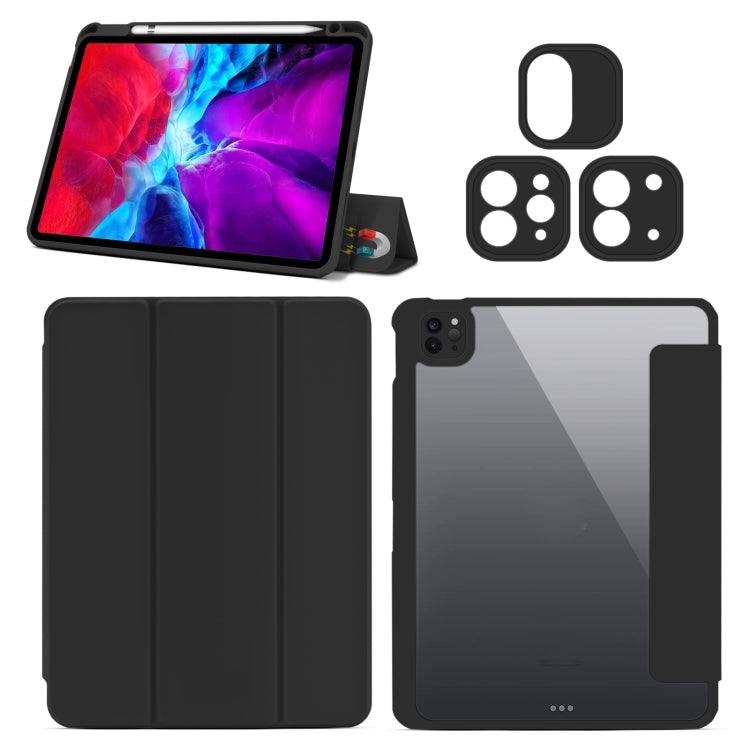 For iPad Pro 11 2022 / 2021 / Air 2020 10.9 Magnetic Separable Clear Acrylic Leather Tablet Case with 3-folding Holder & Pen Slot & 3 x Switchable Lens Covers & Sleep / Wake-up Function