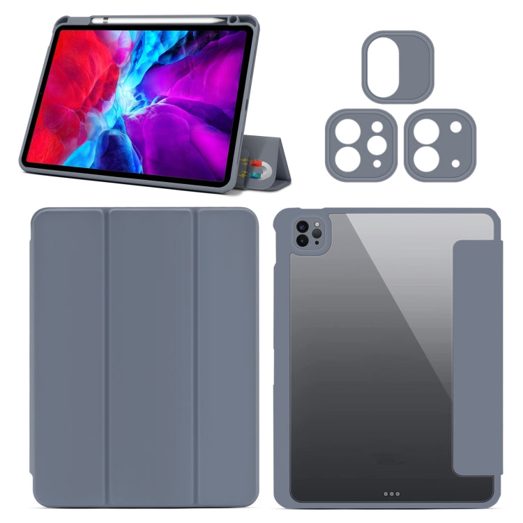 For iPad Pro 11 2022 / 2021 / Air 2020 10.9 Magnetic Separable Clear Acrylic Leather Tablet Case with 3-folding Holder & Pen Slot & 3 x Switchable Lens Covers & Sleep / Wake-up Function