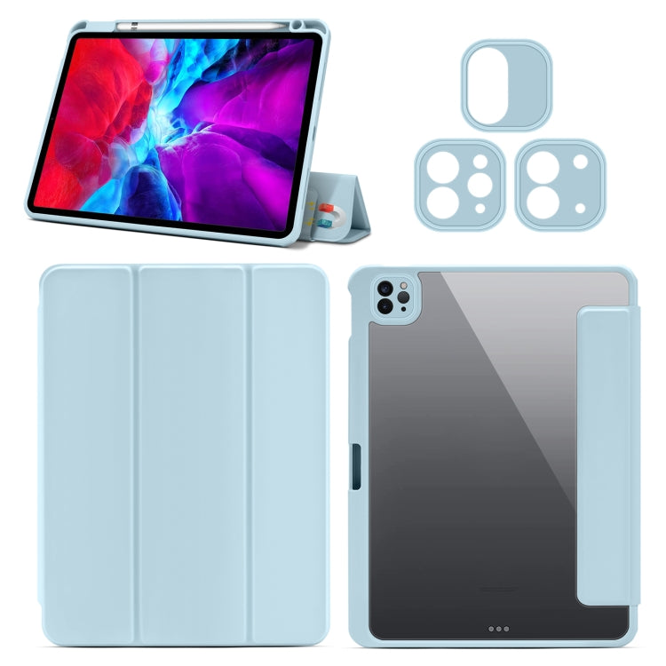 For iPad Pro 11 2022 / 2021 / Air 2020 10.9 Magnetic Separable Clear Acrylic Leather Tablet Case with 3-folding Holder & Pen Slot & 3 x Switchable Lens Covers & Sleep / Wake-up Function