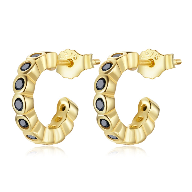 S925 Sterling Silver Geometric Simple Fashion Ear Studs Women Earrings, Color:Black Zircon Gold