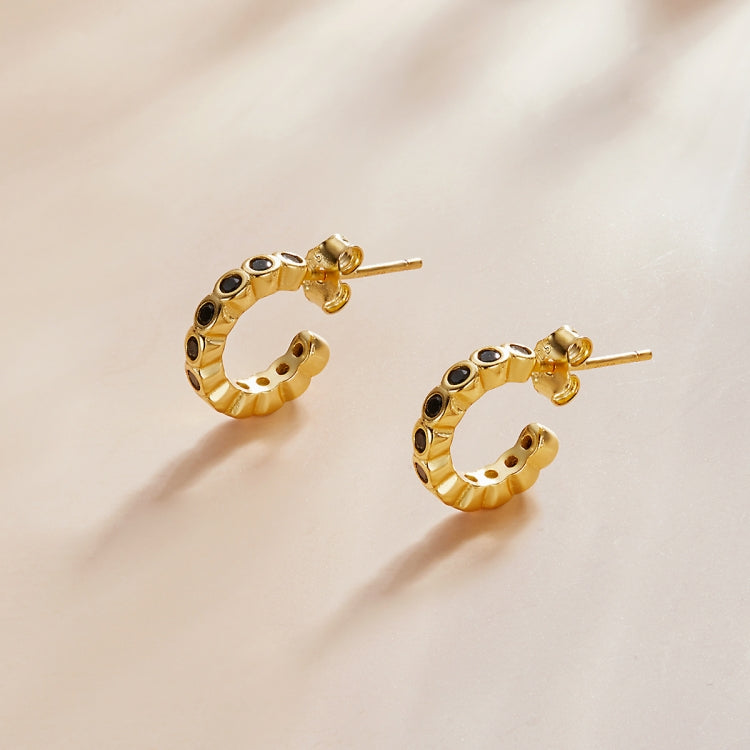 S925 Sterling Silver Geometric Simple Fashion Ear Studs Women Earrings, Color:Black Zircon Gold