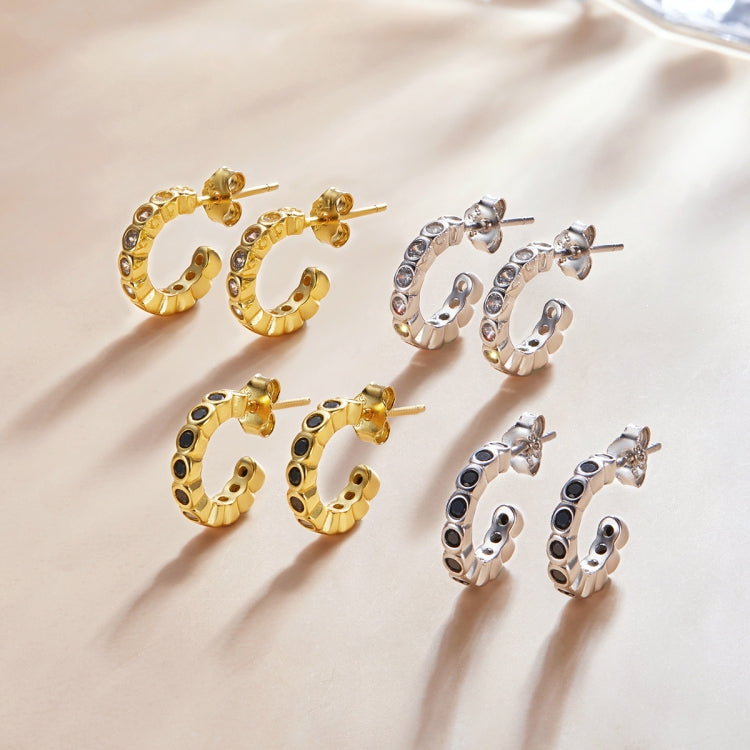 S925 Sterling Silver Geometric Simple Fashion Ear Studs Women Earrings, Color:Black Zircon Gold