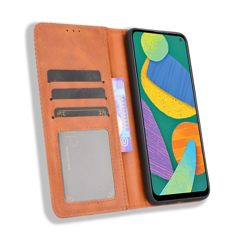 For Samsung Galaxy F52 5G Magnetic Buckle Retro Crazy Horse Texture Horizontal Flip Leather Case with Holder & Card Slots & Photo Frame