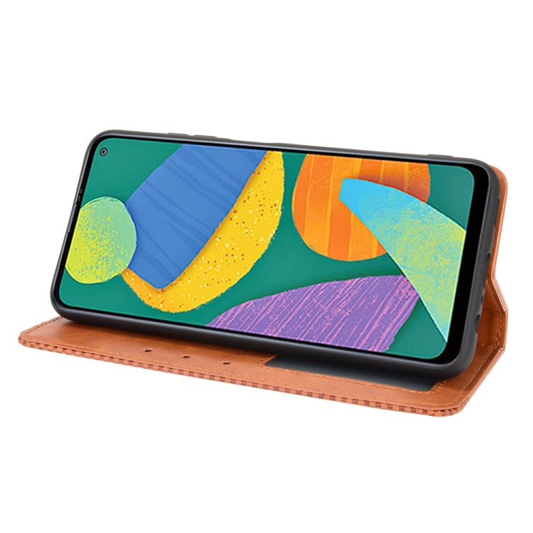 For Samsung Galaxy F52 5G Magnetic Buckle Retro Crazy Horse Texture Horizontal Flip Leather Case with Holder & Card Slots & Photo Frame