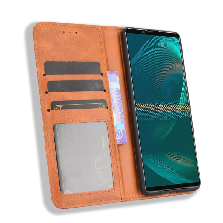 For Sony Xperia 5 III Magnetic Buckle Retro Crazy Horse Texture Horizontal Flip Leather Case with Holder & Card Slots & Photo Frame