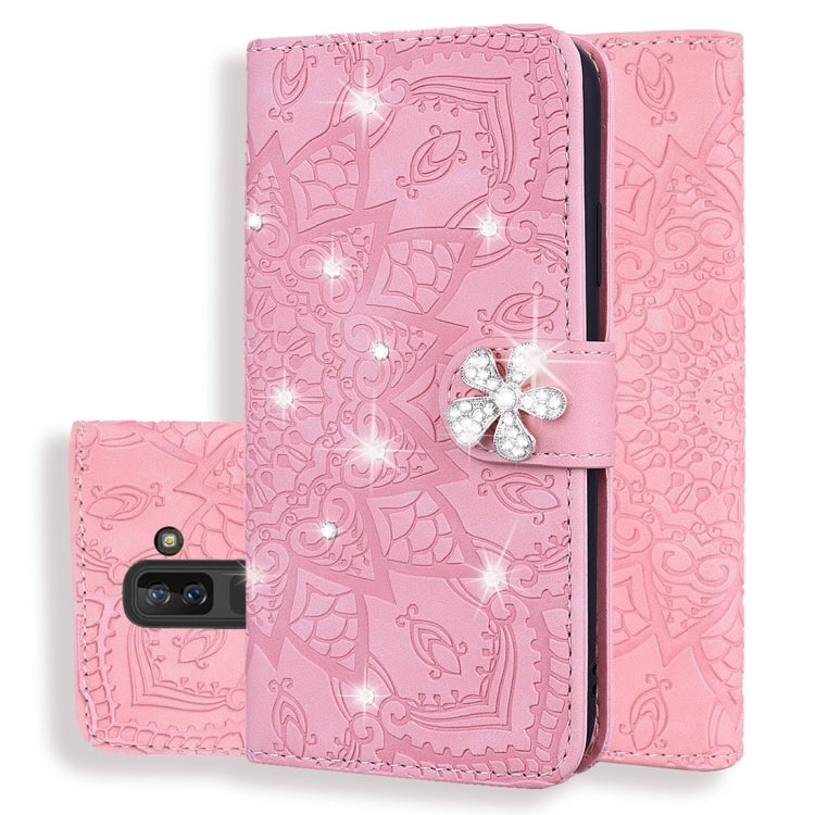 For Galaxy A6+ (2018) / J8 (2018) Calf Pattern Diamond Mandala Double Folding Design Embossed Leather Case with Wallet & Holder & Card Slots