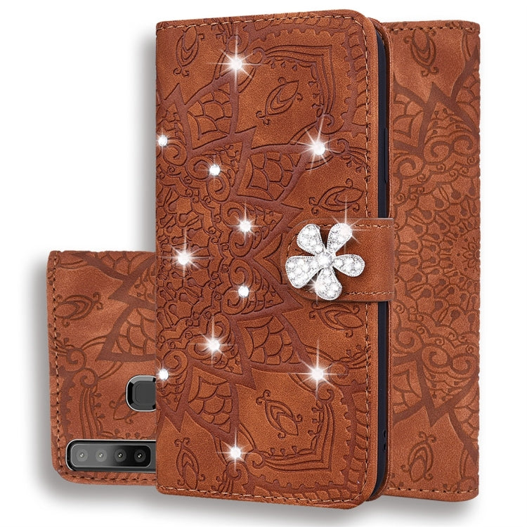 For Galaxy A9 (2018) Calf Pattern Diamond Mandala Double Folding Design Embossed Leather Case with Wallet & Holder & Card Slots