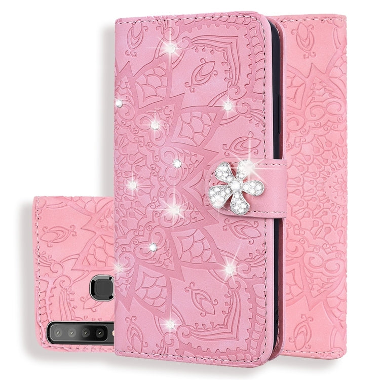 For Galaxy A9 (2018) Calf Pattern Diamond Mandala Double Folding Design Embossed Leather Case with Wallet & Holder & Card Slots
