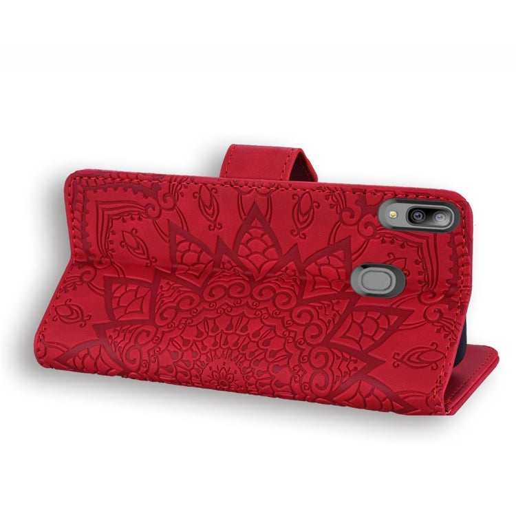 For Galaxy A20e Calf Pattern Diamond Mandala Double Folding Design Embossed Leather Case with Wallet & Holder & Card Slots