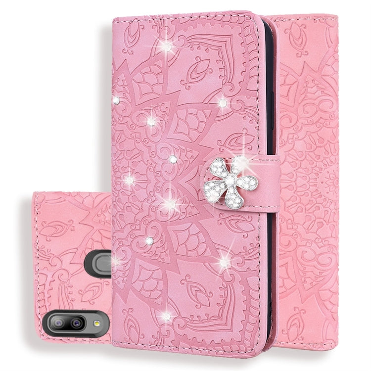 For Galaxy A20e Calf Pattern Diamond Mandala Double Folding Design Embossed Leather Case with Wallet & Holder & Card Slots