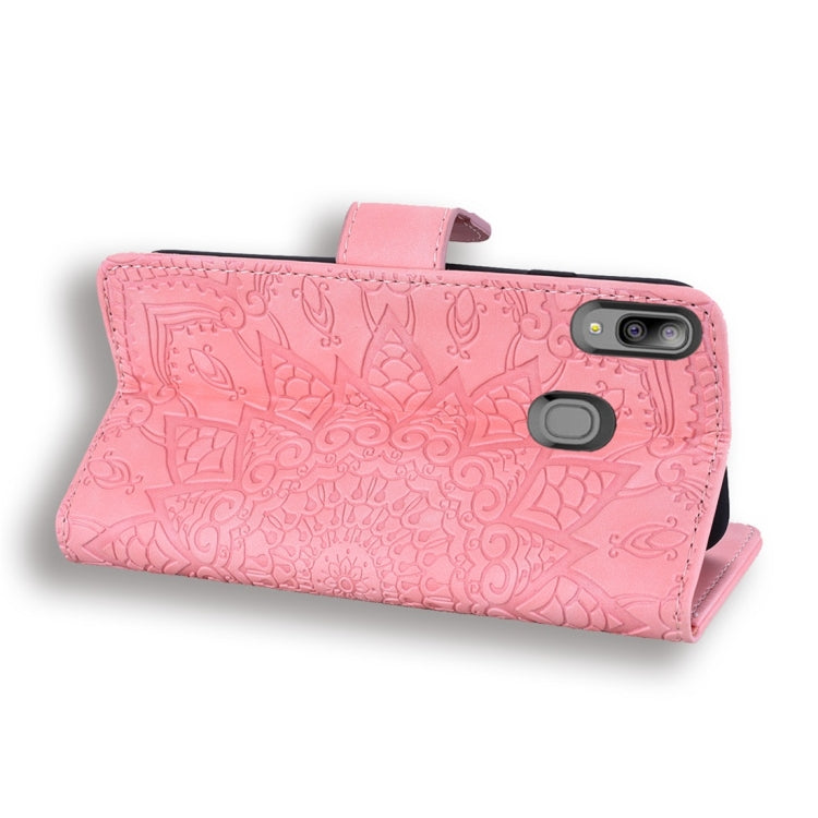 For Galaxy A20e Calf Pattern Diamond Mandala Double Folding Design Embossed Leather Case with Wallet & Holder & Card Slots