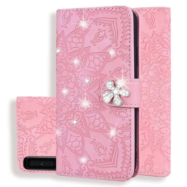 For Galaxy A7 (2018) Calf Pattern Diamond Mandala Double Folding Design Embossed Leather Case with Wallet & Holder & Card Slots