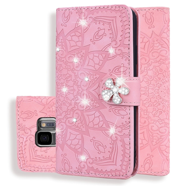 For Galaxy S9 Calf Pattern Diamond Mandala Double Folding Design Embossed Leather Case with Wallet & Holder & Card Slots