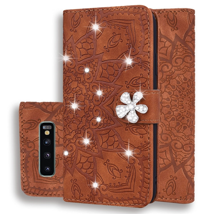 For Galaxy S10 Calf Pattern Diamond Mandala Double Folding Design Embossed Leather Case with Wallet & Holder & Card Slots