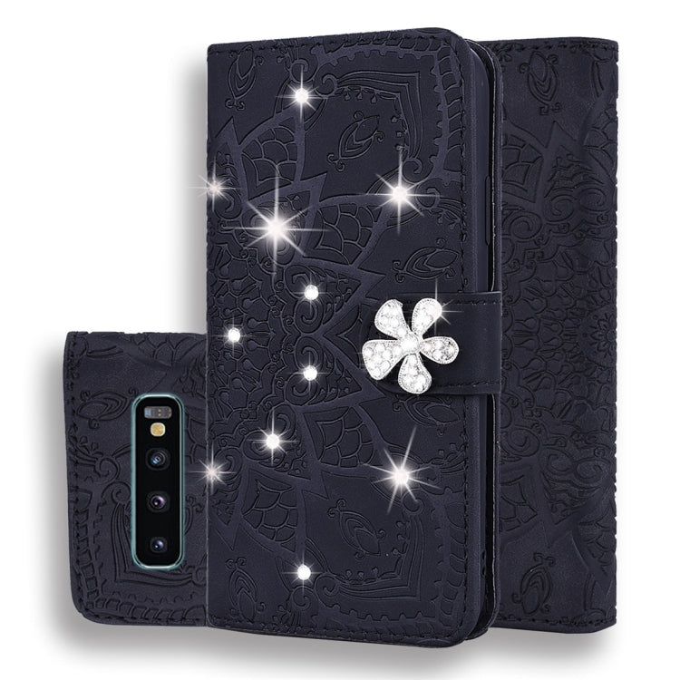 For Galaxy S10 Calf Pattern Diamond Mandala Double Folding Design Embossed Leather Case with Wallet & Holder & Card Slots