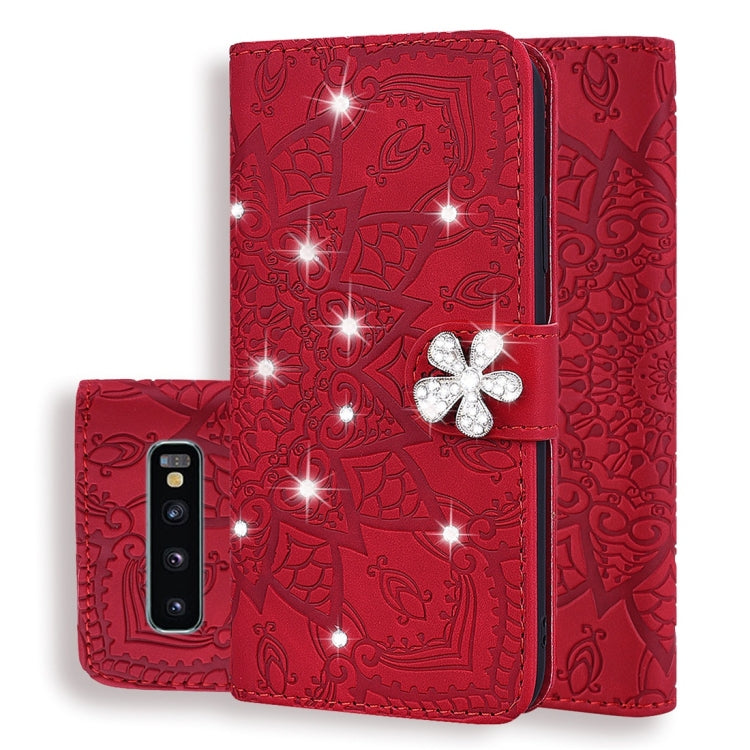 For Galaxy S10 Calf Pattern Diamond Mandala Double Folding Design Embossed Leather Case with Wallet & Holder & Card Slots