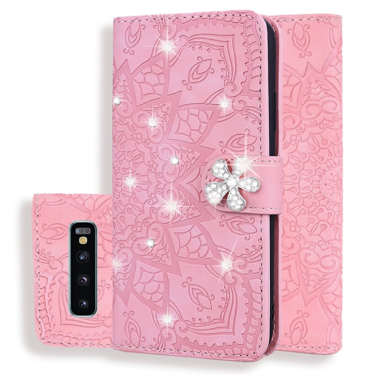 For Galaxy S10 Calf Pattern Diamond Mandala Double Folding Design Embossed Leather Case with Wallet & Holder & Card Slots