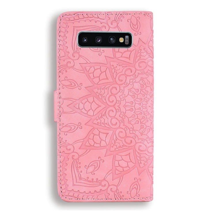 For Galaxy S10 Calf Pattern Diamond Mandala Double Folding Design Embossed Leather Case with Wallet & Holder & Card Slots