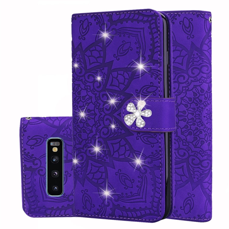 For Galaxy S10 Calf Pattern Diamond Mandala Double Folding Design Embossed Leather Case with Wallet & Holder & Card Slots