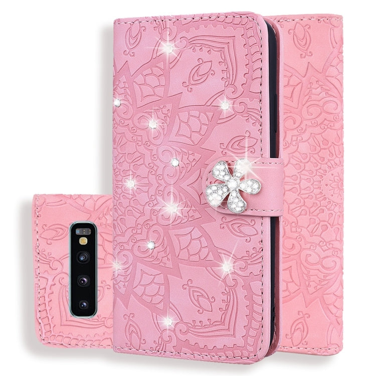 For Galaxy S10+ Calf Pattern Diamond Mandala Double Folding Design Embossed Leather Case with Wallet & Holder & Card Slots