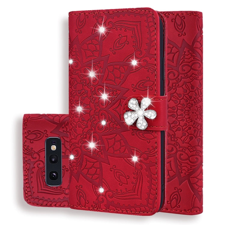 For Galaxy S10e Calf Pattern Diamond Mandala Double Folding Design Embossed Leather Case with Wallet & Holder & Card Slots