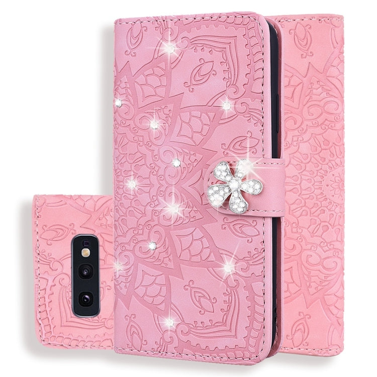 For Galaxy S10e Calf Pattern Diamond Mandala Double Folding Design Embossed Leather Case with Wallet & Holder & Card Slots