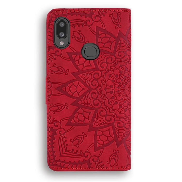 For Galaxy A10s Calf Pattern Diamond Mandala Double Folding Design Embossed Leather Case with Wallet & Holder & Card Slots