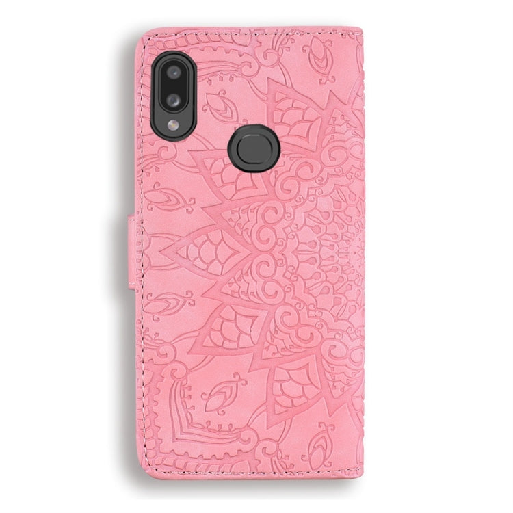 For Galaxy A10s Calf Pattern Diamond Mandala Double Folding Design Embossed Leather Case with Wallet & Holder & Card Slots
