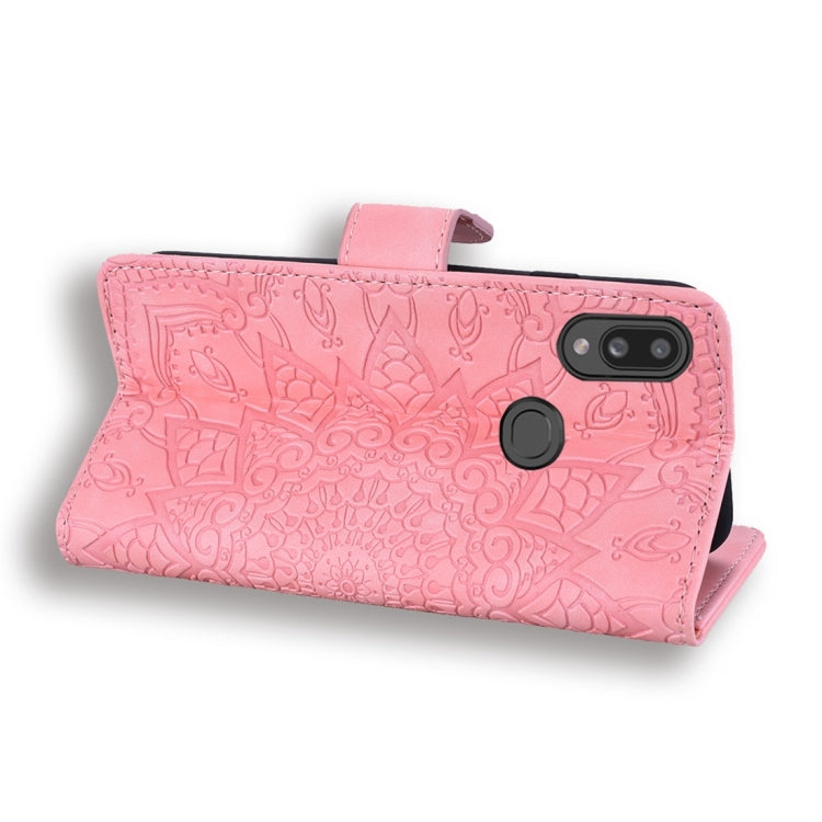 For Galaxy A10s Calf Pattern Diamond Mandala Double Folding Design Embossed Leather Case with Wallet & Holder & Card Slots