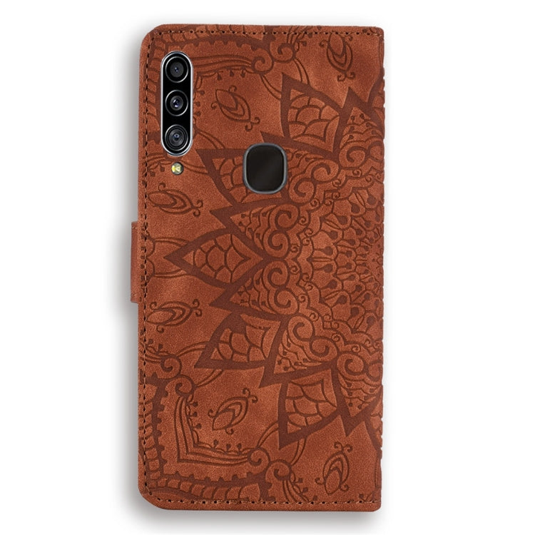 For Galaxy A20s Calf Pattern Diamond Mandala Double Folding Design Embossed Leather Case with Wallet & Holder & Card Slots