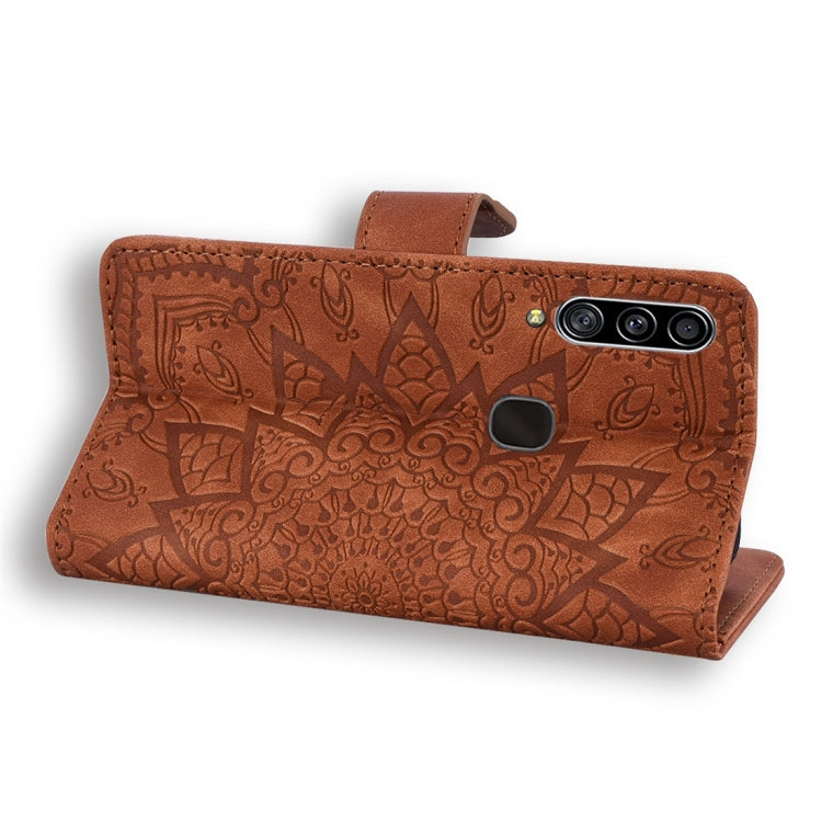 For Galaxy A20s Calf Pattern Diamond Mandala Double Folding Design Embossed Leather Case with Wallet & Holder & Card Slots