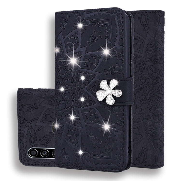 For Galaxy A20s Calf Pattern Diamond Mandala Double Folding Design Embossed Leather Case with Wallet & Holder & Card Slots