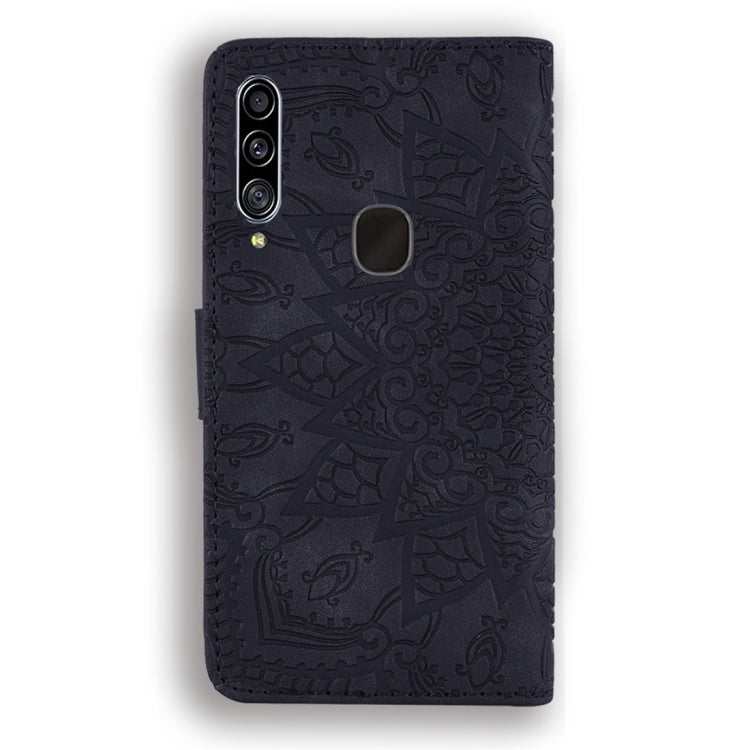 For Galaxy A20s Calf Pattern Diamond Mandala Double Folding Design Embossed Leather Case with Wallet & Holder & Card Slots