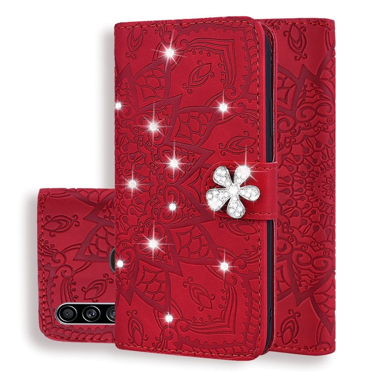 For Galaxy A20s Calf Pattern Diamond Mandala Double Folding Design Embossed Leather Case with Wallet & Holder & Card Slots
