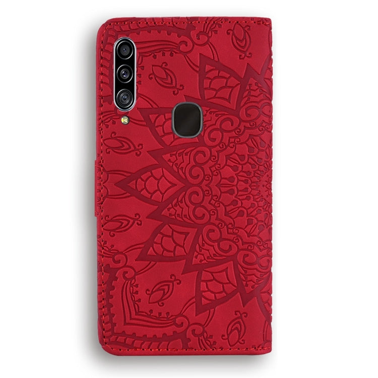 For Galaxy A20s Calf Pattern Diamond Mandala Double Folding Design Embossed Leather Case with Wallet & Holder & Card Slots