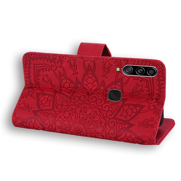 For Galaxy A20s Calf Pattern Diamond Mandala Double Folding Design Embossed Leather Case with Wallet & Holder & Card Slots
