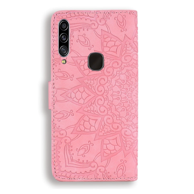 For Galaxy A20s Calf Pattern Diamond Mandala Double Folding Design Embossed Leather Case with Wallet & Holder & Card Slots