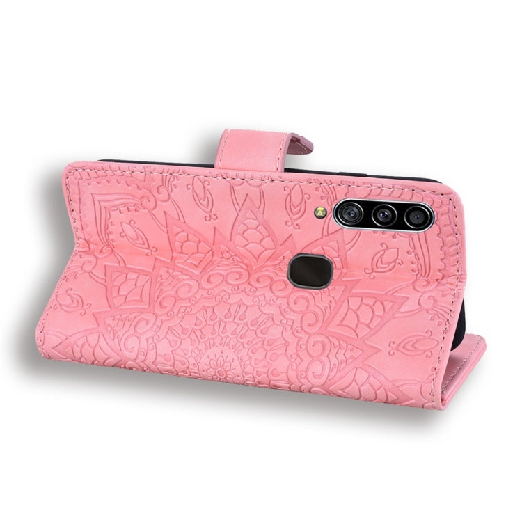 For Galaxy A20s Calf Pattern Diamond Mandala Double Folding Design Embossed Leather Case with Wallet & Holder & Card Slots