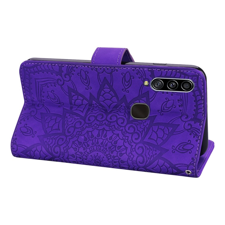 For Galaxy A20s Calf Pattern Diamond Mandala Double Folding Design Embossed Leather Case with Wallet & Holder & Card Slots